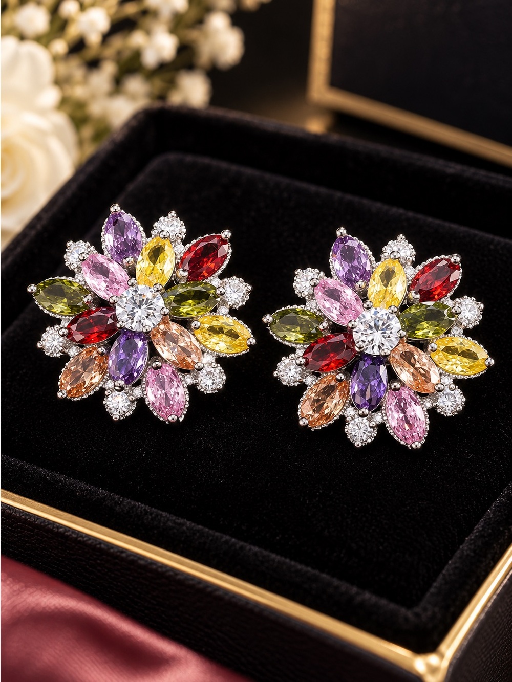 Multicolor Floral Cluster Stud Earrings - Women Jewelry